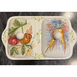 VNTG Mancioli Italian Ceramic Lidded Divided Serving Dish Hand Painted 8x13.5”